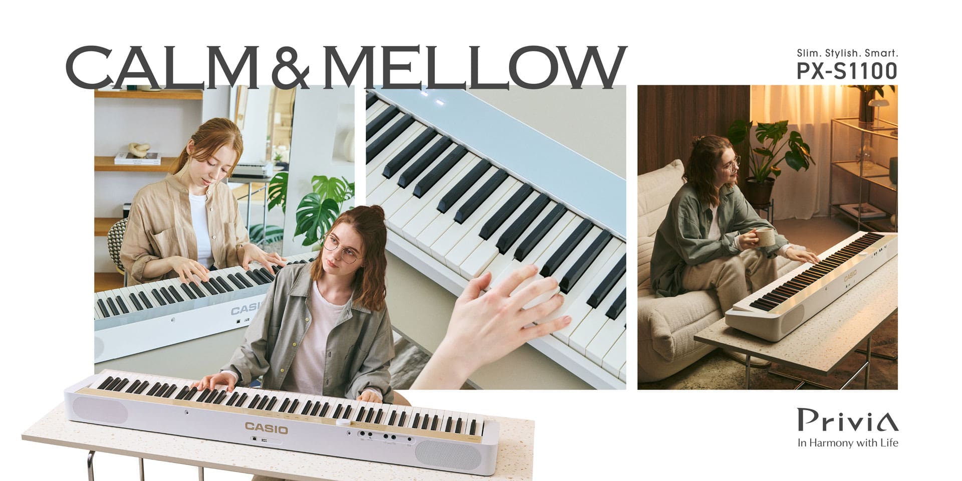 An image of calm blue and mellow beige colored piano and people playing it. 