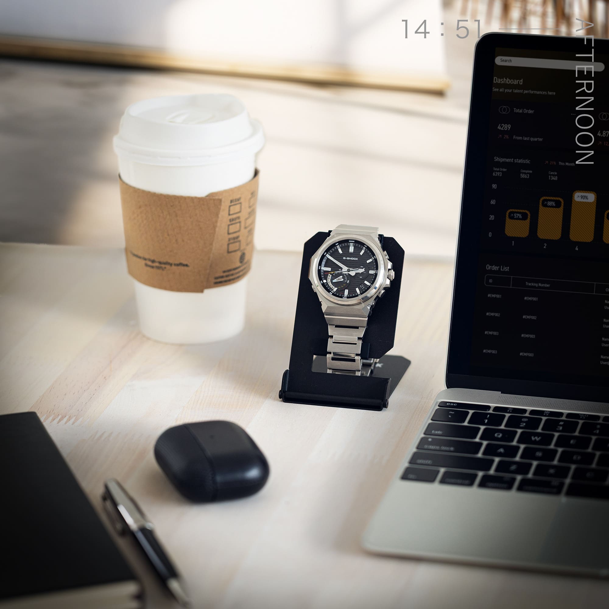  A imaeg of working at a café table with a portable watch on the desk