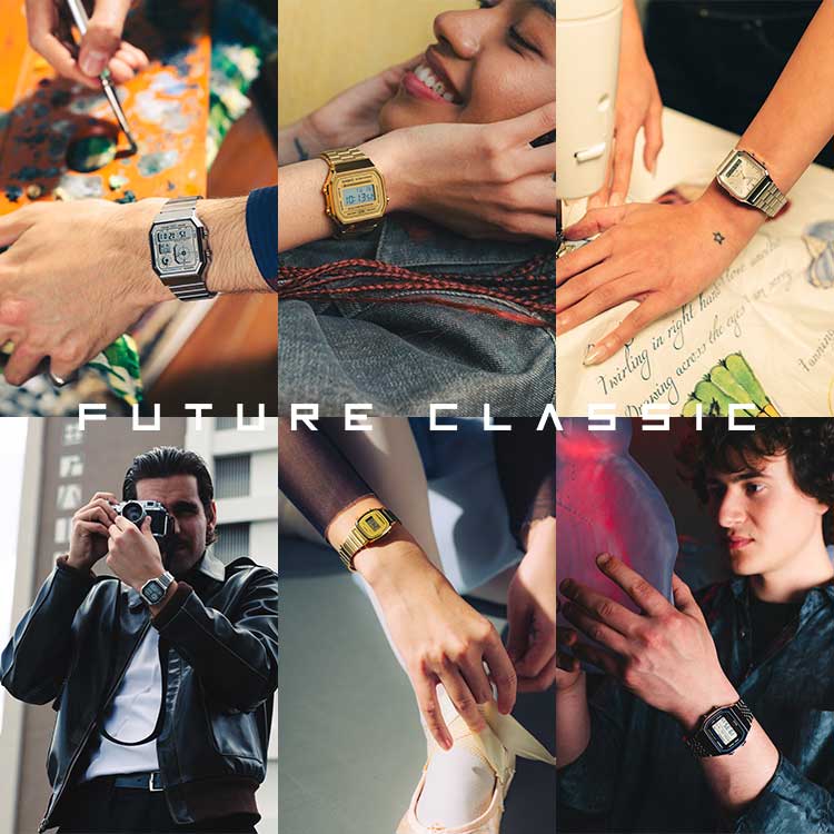 Sei scene diverse: persone nella vita quotidiana, mentre ascoltano musica o lavorano, indossano diversi modelli della CASIO Vintage Collection. Link alla campagna Future Classic