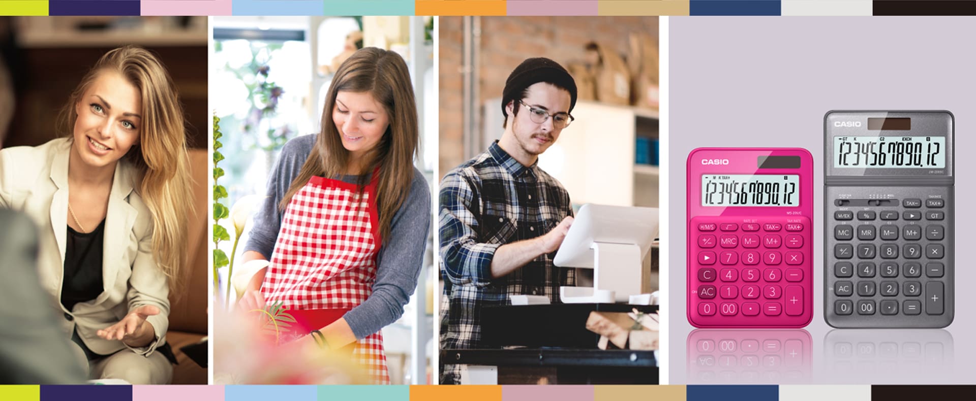 Tre persone in situazioni lavorative diverse, con accanto due calcolatrici da tavolo CASIO colorate.