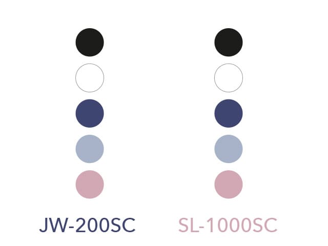 Tavolozza dei colori delle calcolatrici JW-200SC e SL-1000SC: nero, bianco, blu scuro, azzurro e rosa.