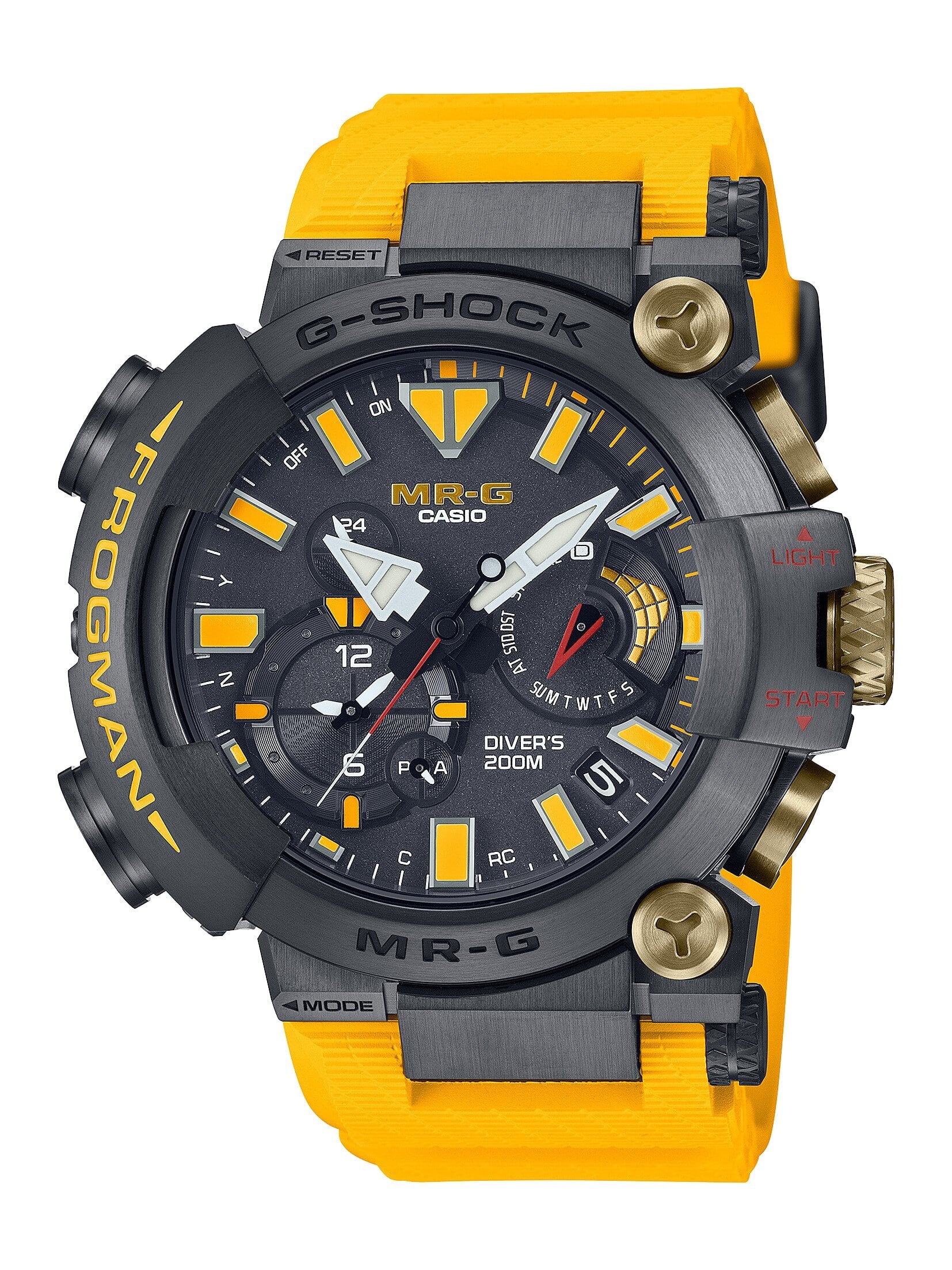 Orologio da polso G-Shock Frogman con cinturino giallo accattivante e dettagli gialli sul quadrante.
