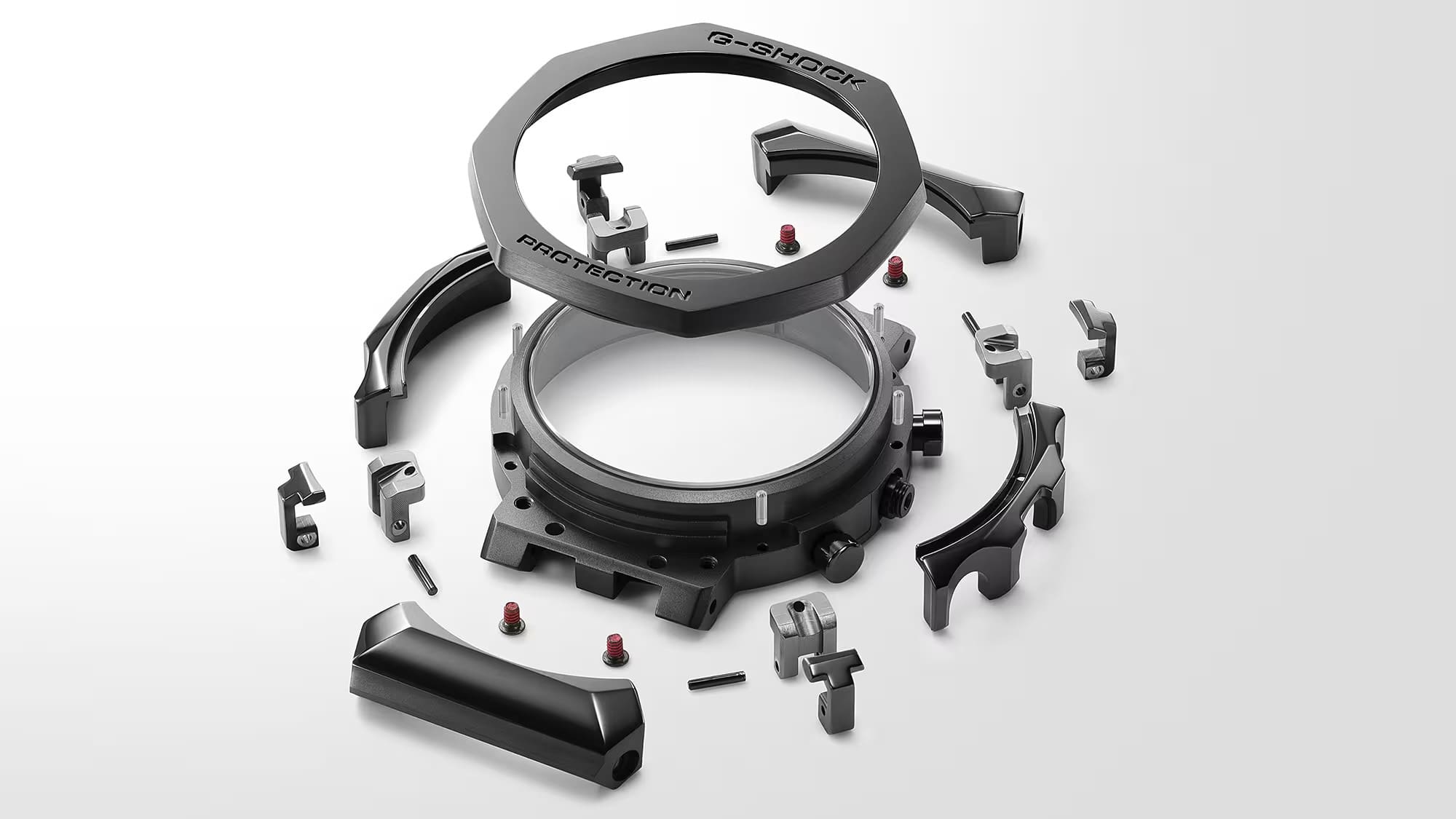 Singoli componenti che costituiscono la cassa del G-Shock MRG-B2100B-1ADR