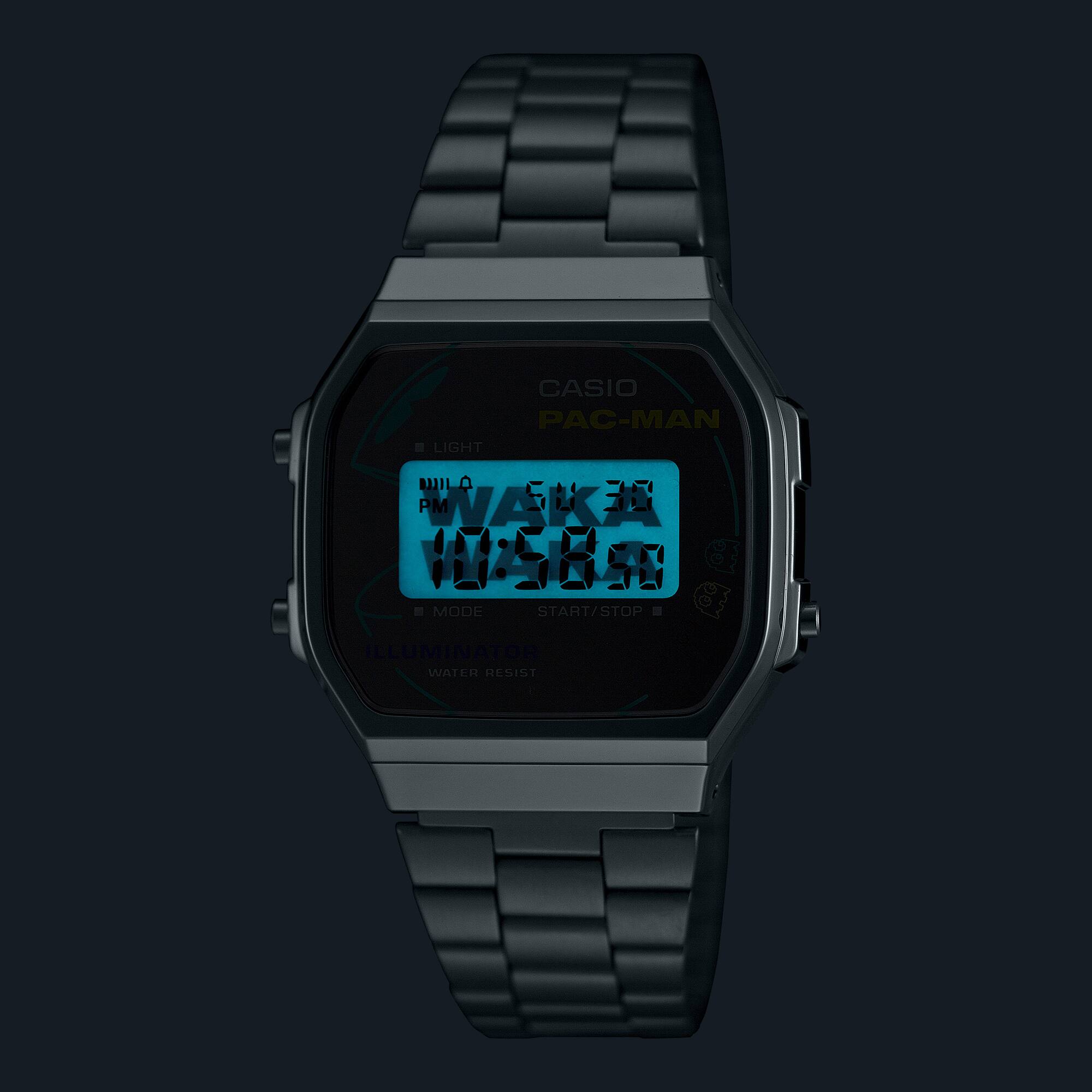Il display del modello A168WEPC della collezione Casio Vintage Pac-Man al buio con la retroilluminazione accesa