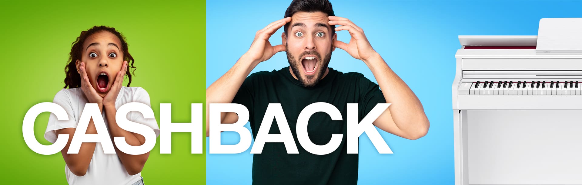 Due persone sorprese si trovano davanti a uno sfondo verde e blu accanto a un pianoforte CASIO bianco, mentre la grande scritta «CASHBACK» in primo piano richiama un’offerta cashback. L’immagine rimanda alla pagina della promozione.