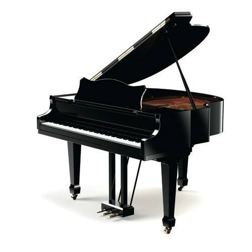 Un pianoforte a coda da concerto con il coperchio completamente aperto