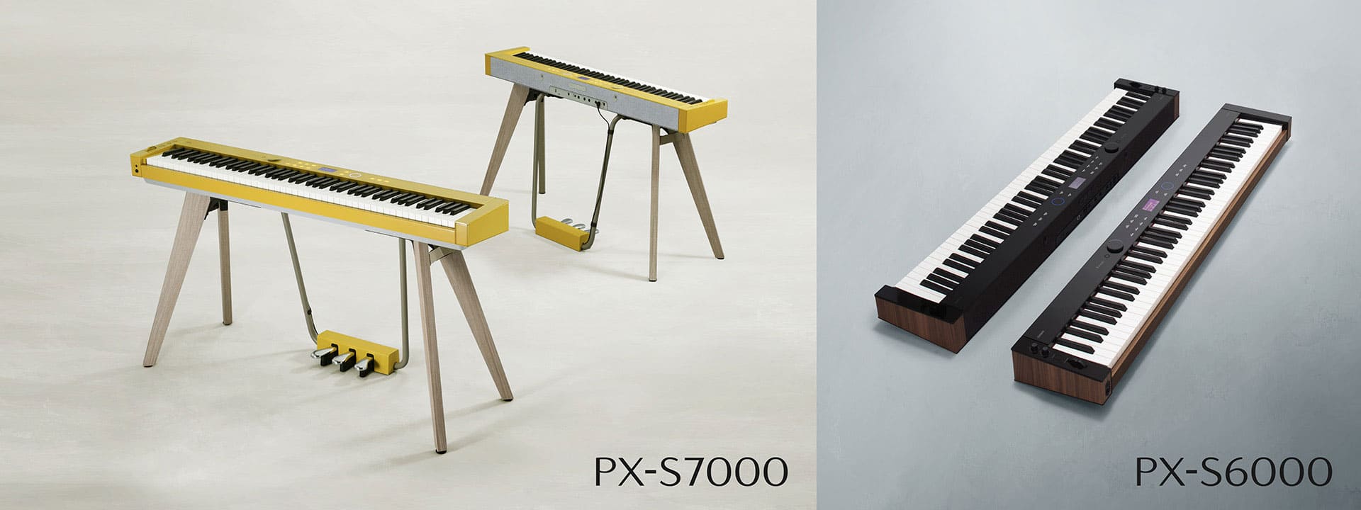 A sinistra: il pianoforte digitale Privia PX-S7000HM nella variante di colore Harmonious Mustard, una volta di fronte e una volta da dietro. A destra: il pianoforte digitale PX-S6000 di Casio in due diverse viste su sfondo grigio