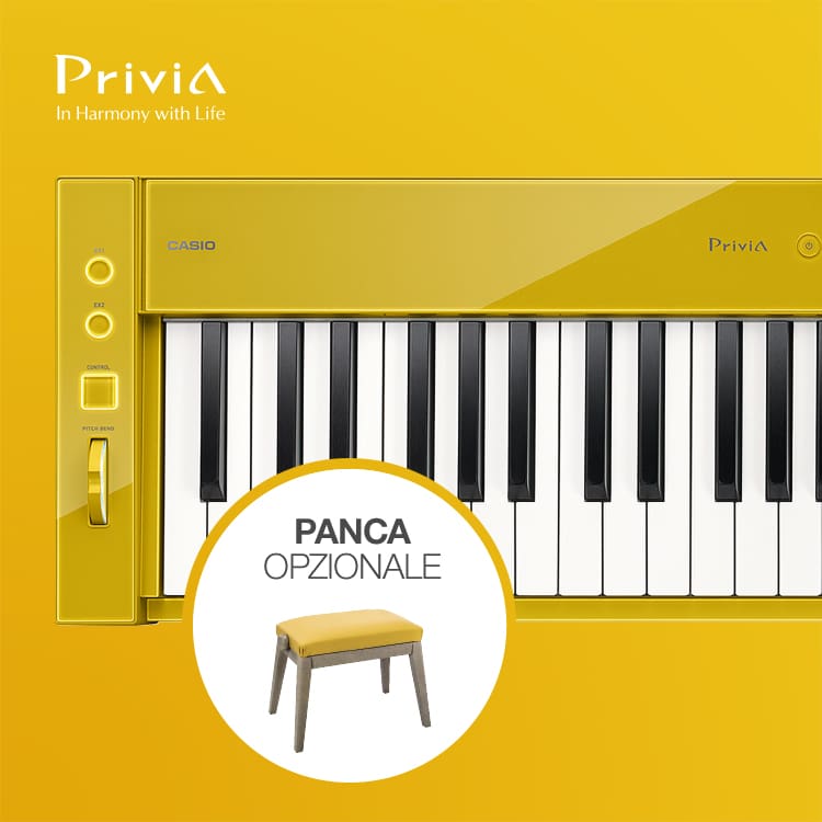 Il Privia PX-S1100 in giallo senape con l'immagine di una piccola panca per pianoforte gialla e la scritta “Panca opzionale”.