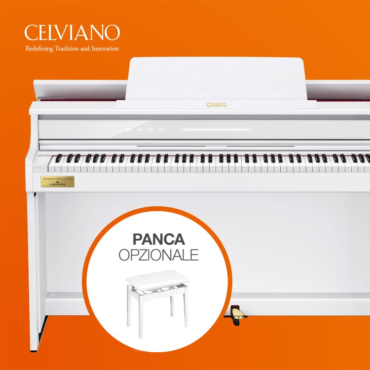 Il Celviano AP-300 con una piccola immagine della panca per pianoforte abbinata e la scritta “Panca opzionale“.