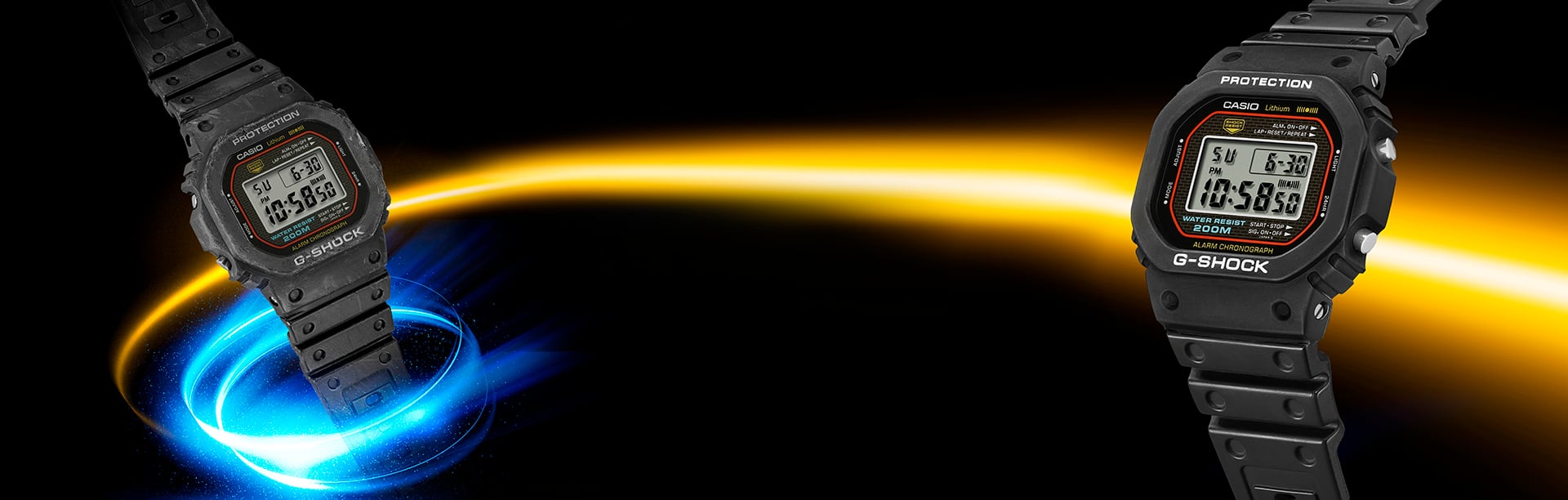 Due orologi G-SHOCK DW-5600: quello a sinistra è un orologio usato con alcuni graffi, mentre quello a destra sembra essere stato restaurato e sembra nuovo.
