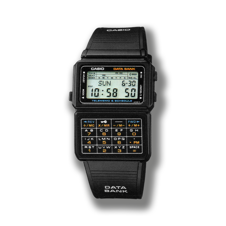 L'orologio da polso DBC-60 in nero con cassa divisa in due parti, nella parte superiore è presente un piccolo display digitale che indica l'ora, sotto ci sono 16 pulsanti per la funzione calcolatrice.