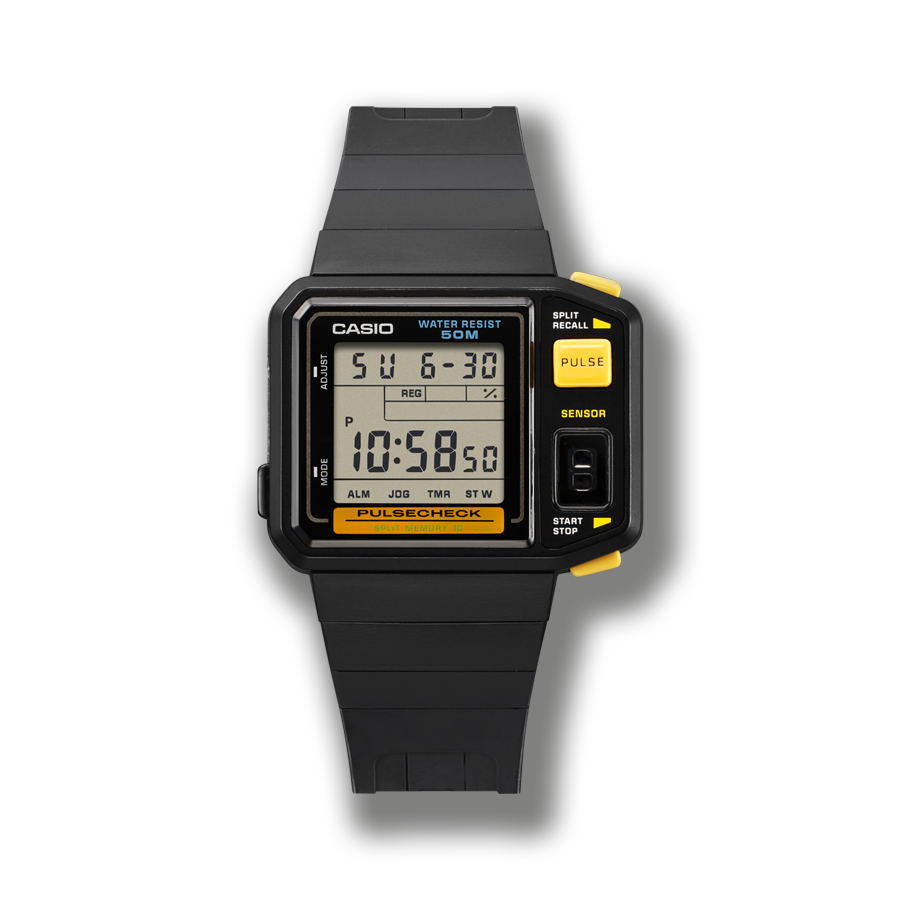 L'orologio da polso JP-100W in nero, con display digitale e due grandi pulsanti a destra del display dell'ora.