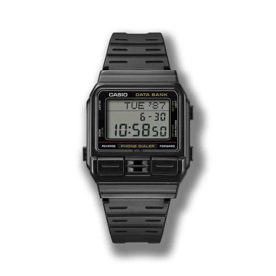 L'orologio in resina DBA-80 nero con display digitale rettangolare e due grandi pulsanti frontali sotto.