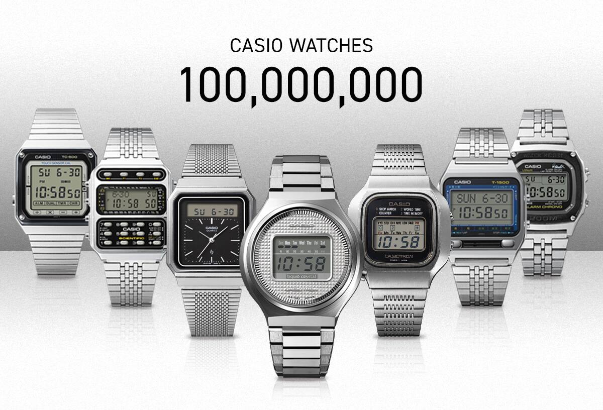 Sette diversi orologi da polso CASIO con cinturini color argento.