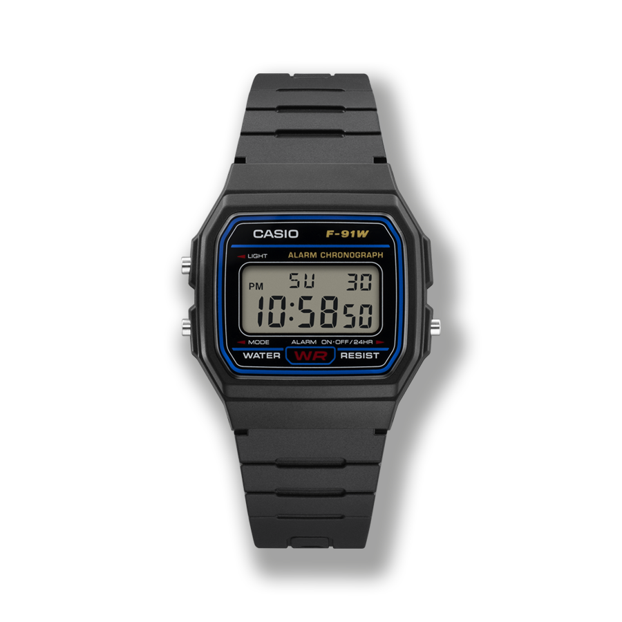 Il classico: l'orologio da polso digitale F-91W di CASIO con cinturino in resina nera e display rettangolare semplice.