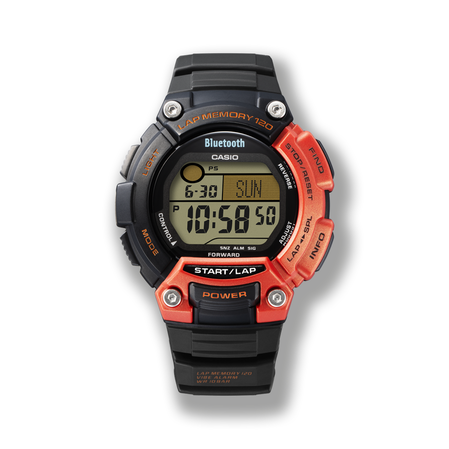 L'orologio digitale in resina nero STB-1000, la metà inferiore destra è di un arancione brillante.