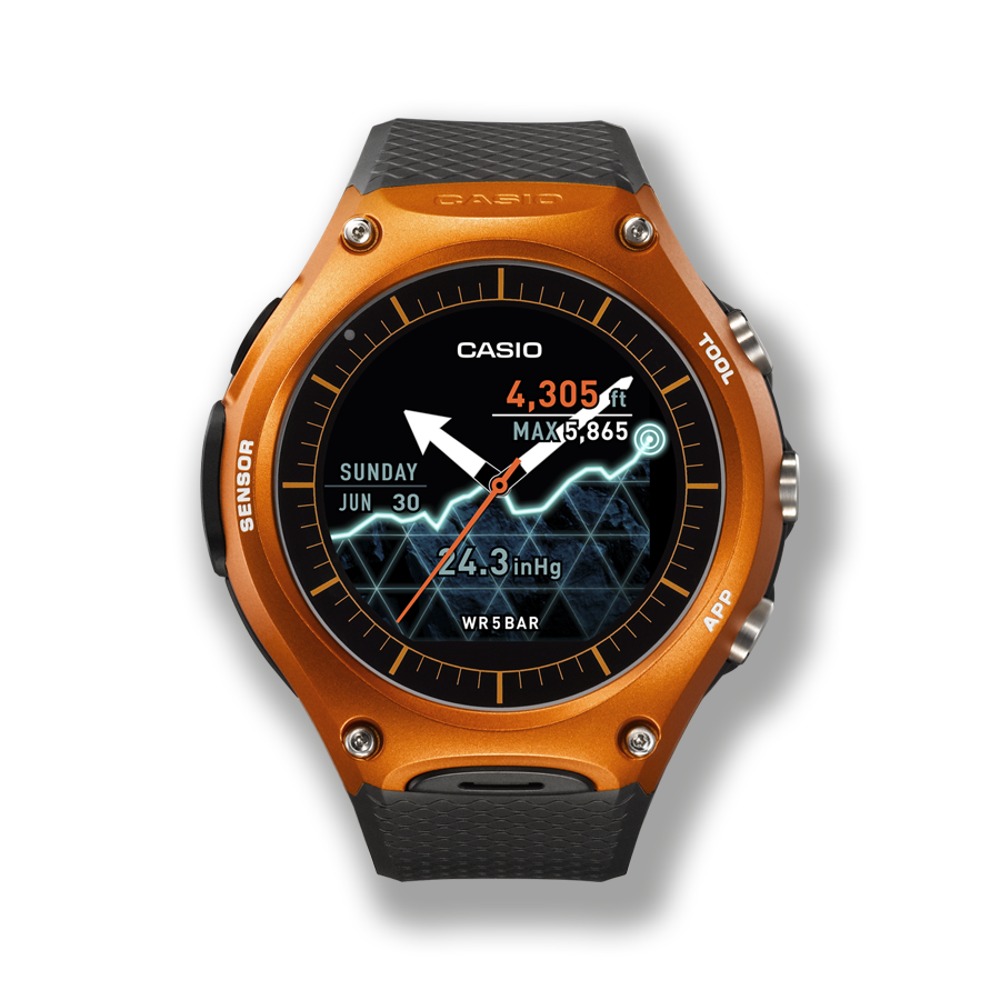 Lo Smart Outdoor Watch WSD-F10 con cassa rotonda arancione e display digitale
