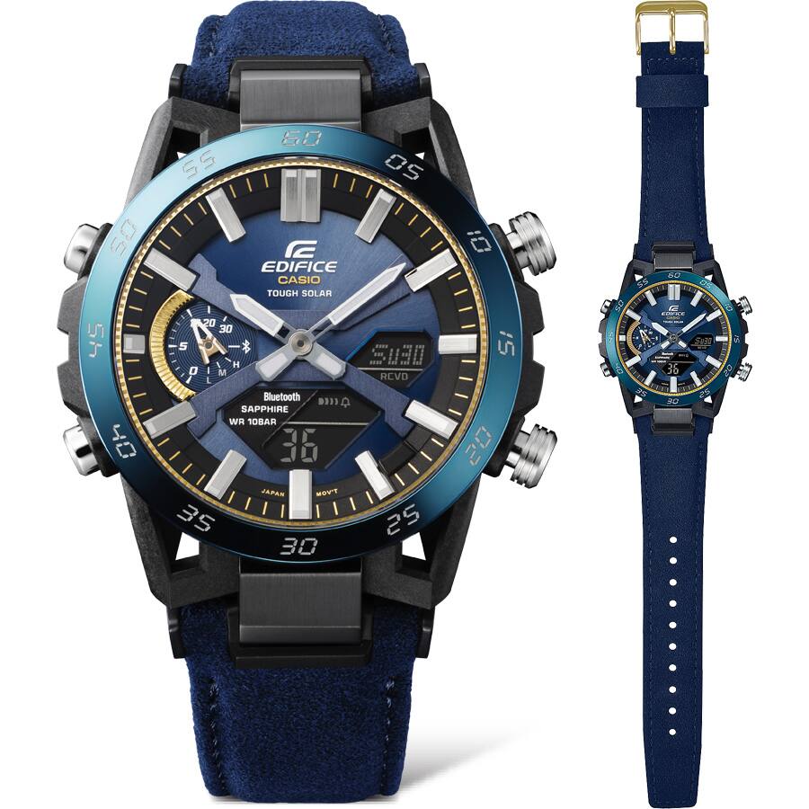 L'orologio da polso EDIFICE “ECB-2000SS-2A” della serie Sky and Sea con cinturino in tessuto blu e display analogico rotondo.