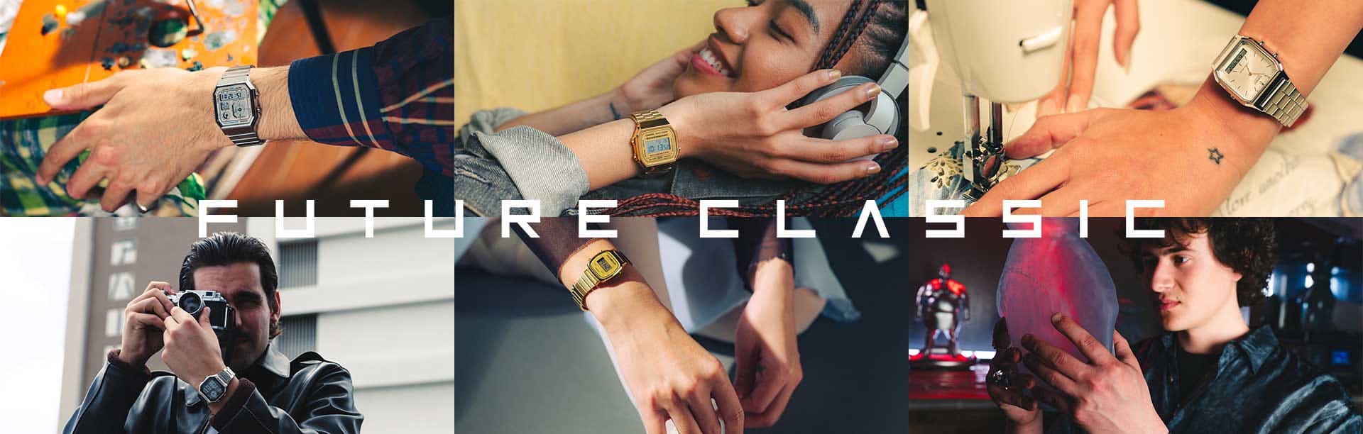 Una galleria di immagini con sei riquadri e le mise en scène dei modelli Future Classic.