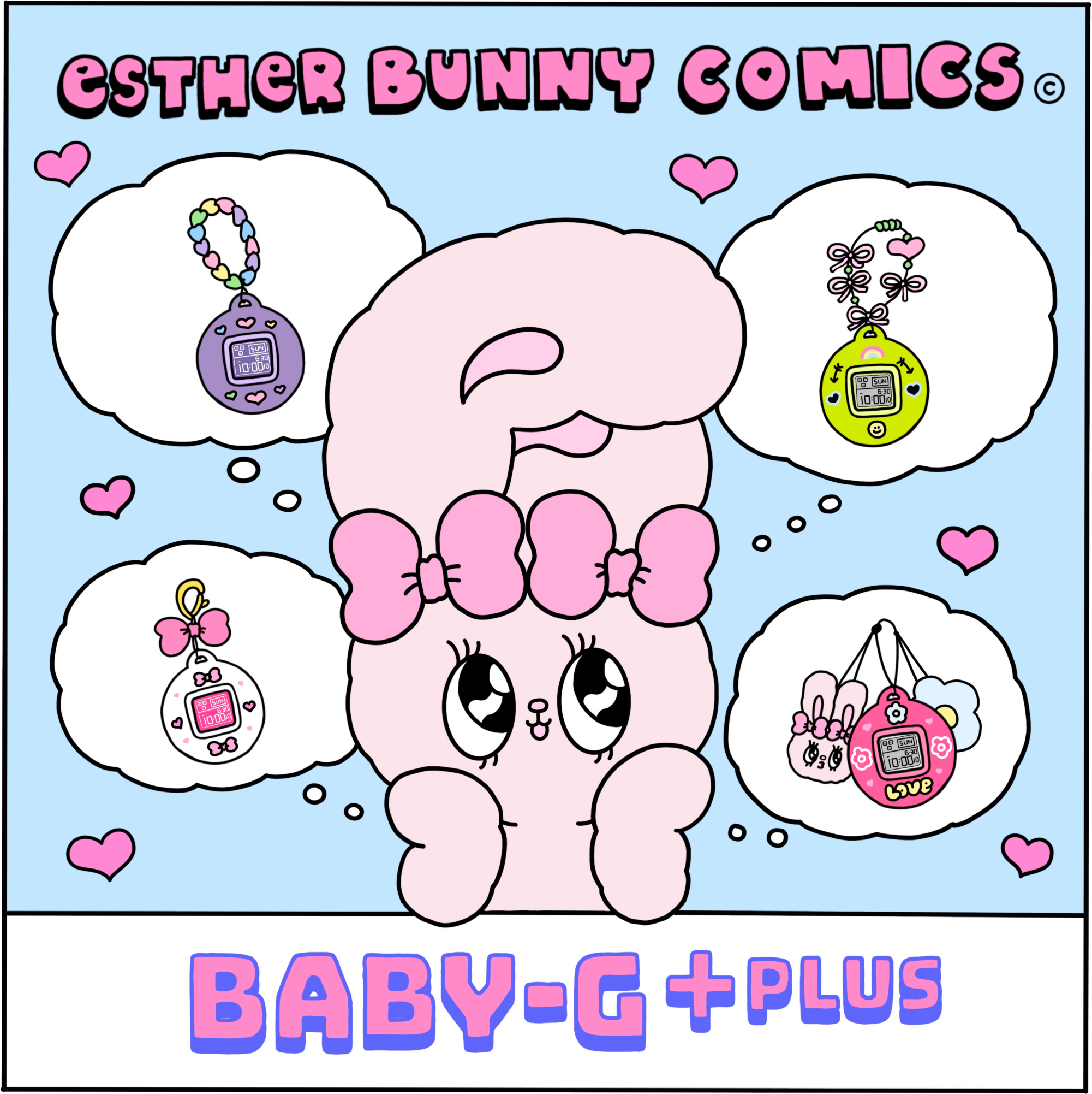 Esther Kim Bunny Comics: un coniglio con dei fiocchi intorno alle orecchie sogna gli orologi BABY-G nelle custodie rotonde e colorate