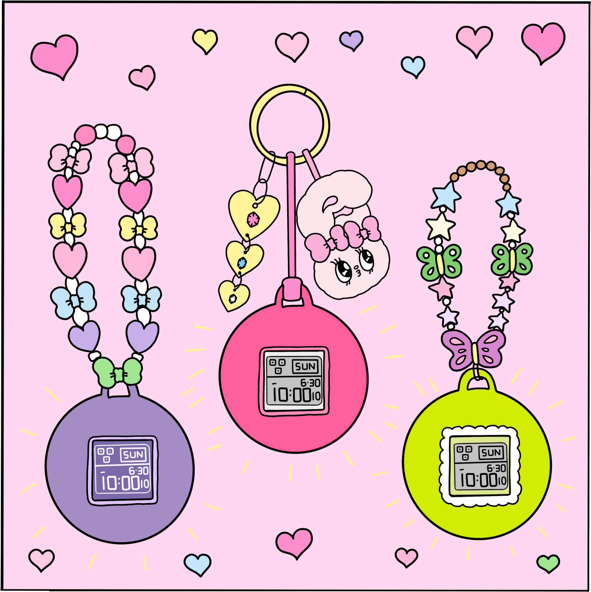 Tre varianti del BABY-G BGD-10K con custodia viola, rosa e gialla