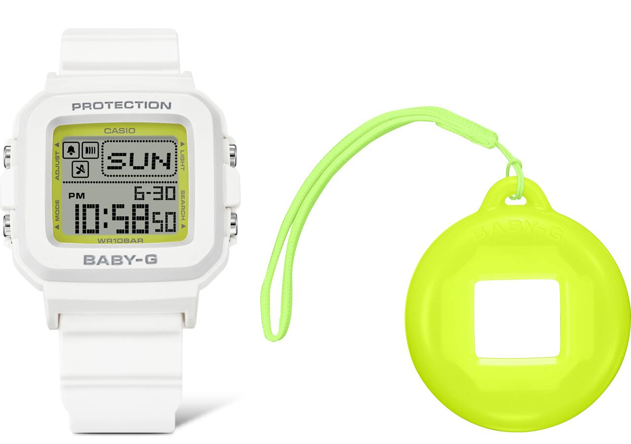 L'orologio da polso BGD-10K-6 bianco con display digitale e la custodia di ricambio rotonda giallo neon accanto