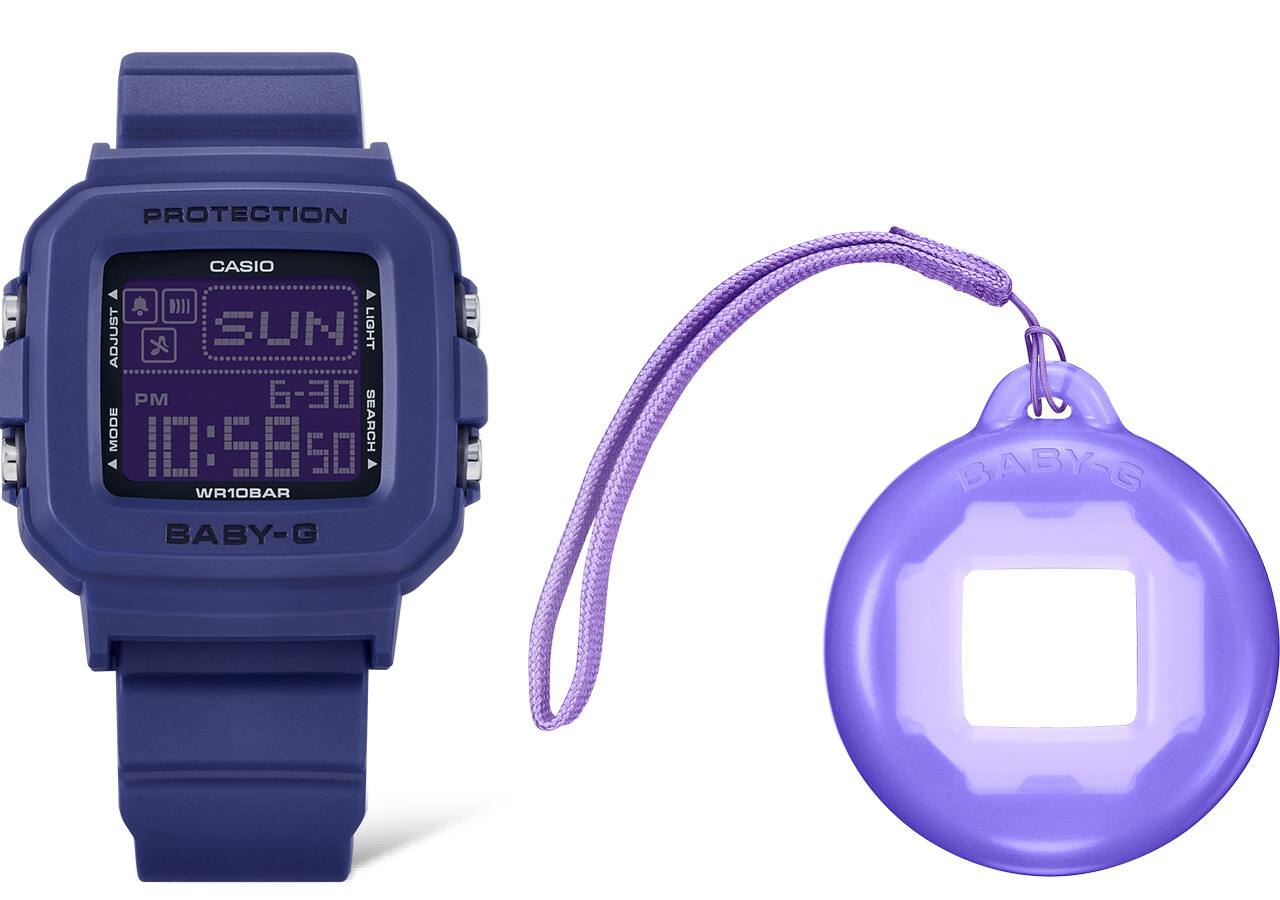 L'orologio da polso BGD-10K-6 blu-viola con display digitale e la custodia di ricambio rotonda lilla accanto