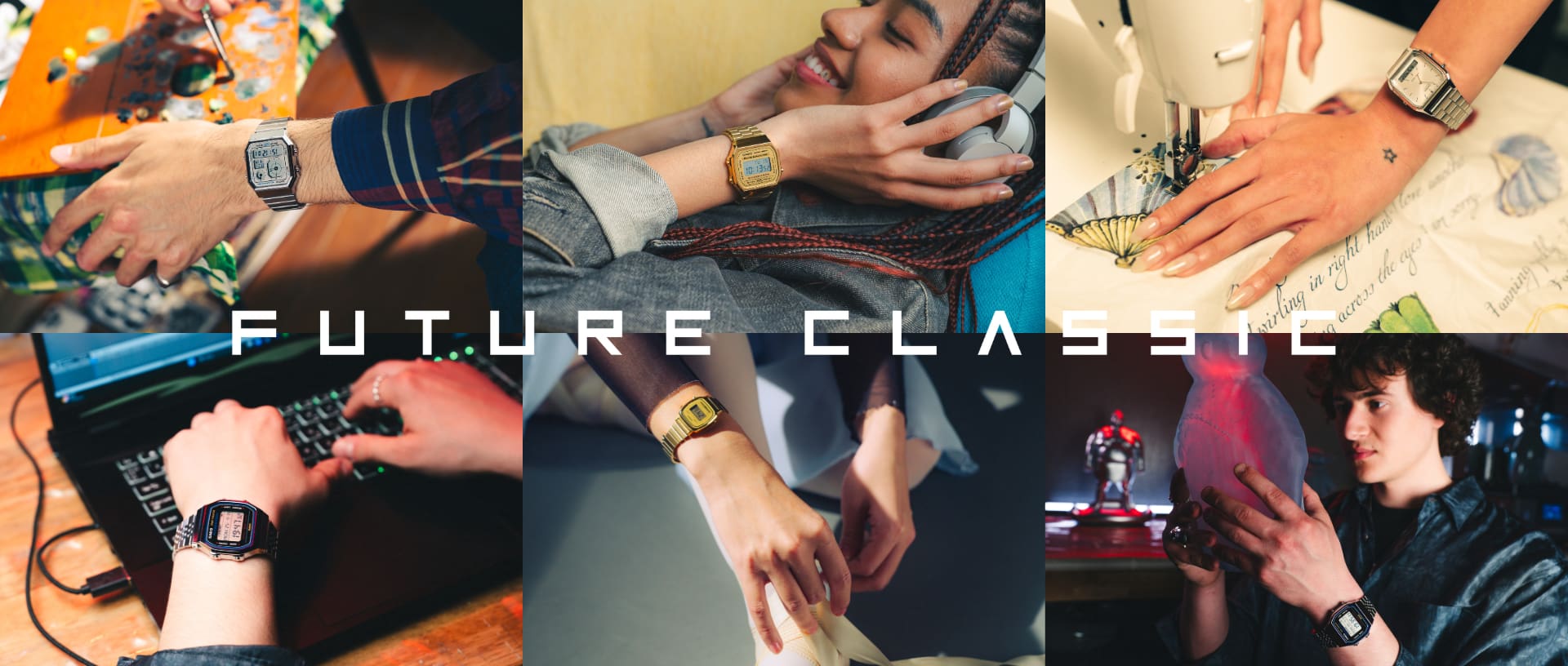 Sei scene diverse: persone nella vita quotidiana, mentre ascoltano musica o lavorano, indossano diversi modelli della CASIO Vintage Collection. Link alla campagna Future Classic.
