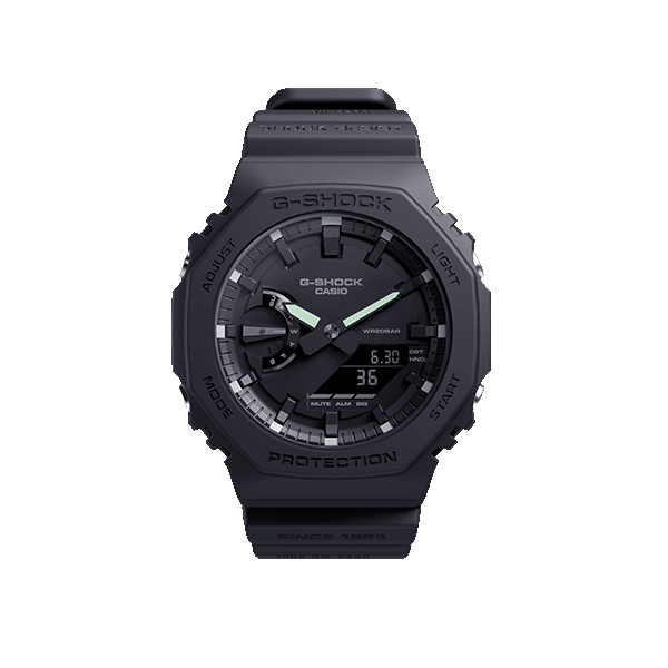 Primo piano del display dell'orologio ibrido G-Shock GA-2140RE-1A nero