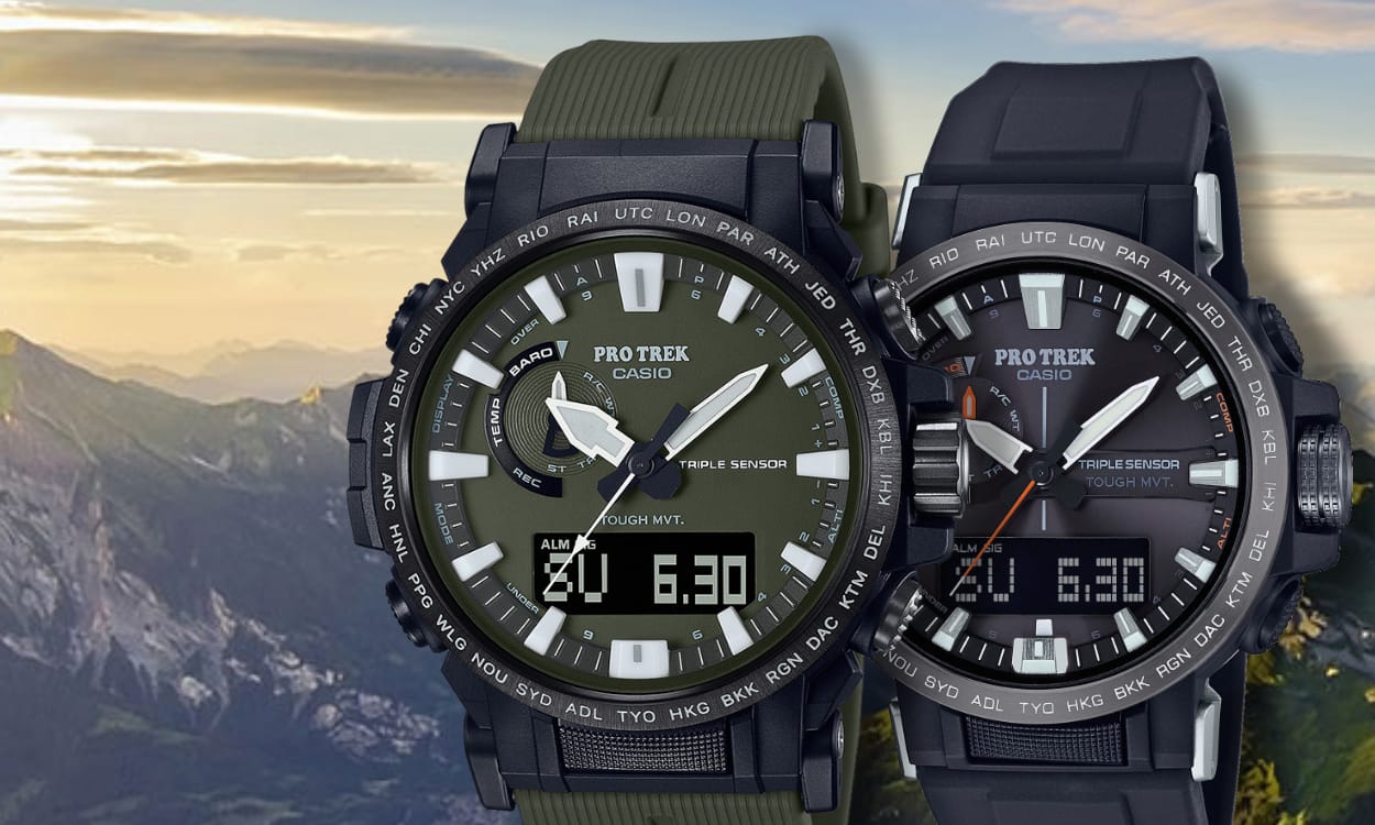 Due orologi Pro Trek affiancati davanti a una montagna sullo sfondo, link alla collezione di orologi PRO TREK.