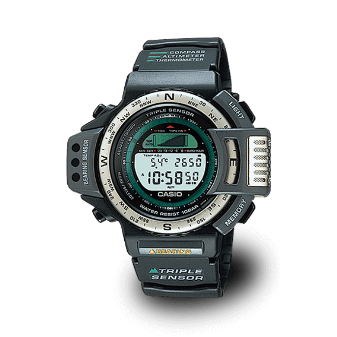 Il primo modello PRO TREK “ATC-1100” con display piccolo, cassa rotonda e diversi pulsanti massicci sui lati. Il cinturino è in resina grigio-verde.