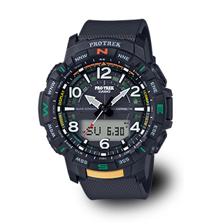 L'orologio analogico PRO TREK PRT-B50 in nero con piccolo datario digitale sul display e indicatori della bussola evidenziati a colori sulla cassa.