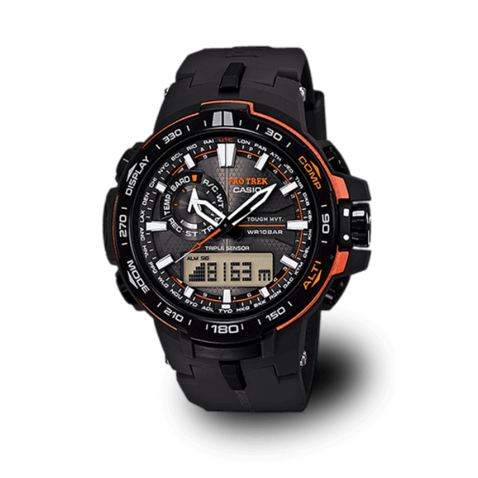 L'orologio da polso PRO TREK PRW-6000 in nero, con display analogico e dettagli arancioni sulla cassa.
