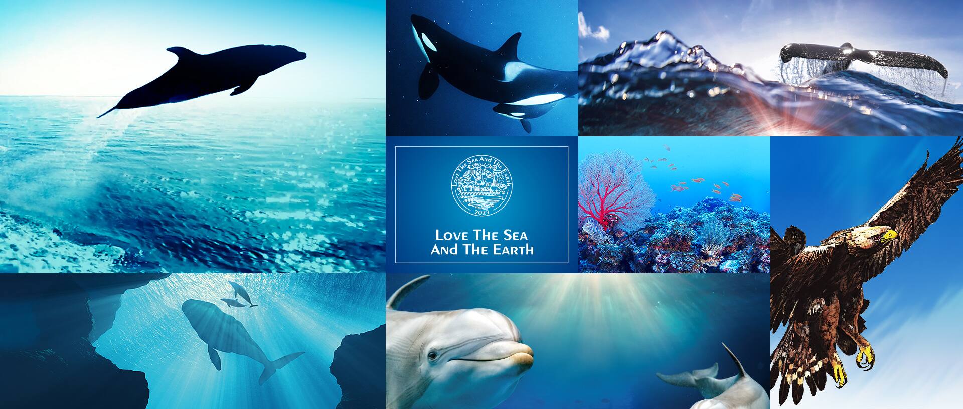 Tanti motivi naturalistici uno accanto all'altro, con al centro il logo "Love the Sea and the Earth".