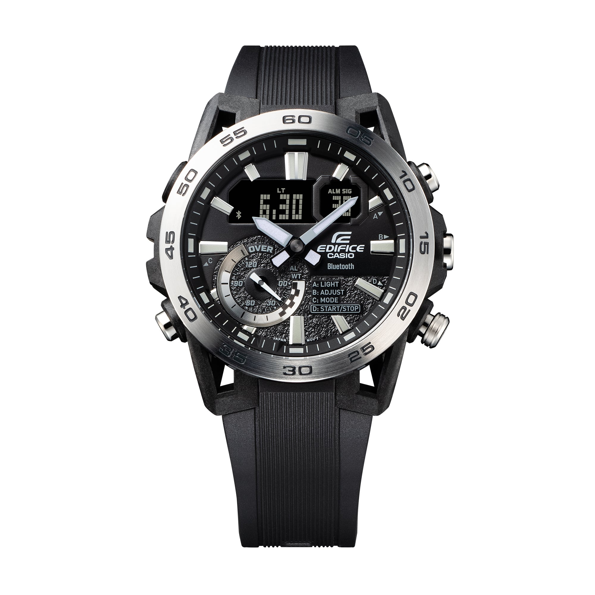 Il Casio ECB-40P-1A del marchio Edifice presenta un design elegante e semplice con un cinturino in resina scura.