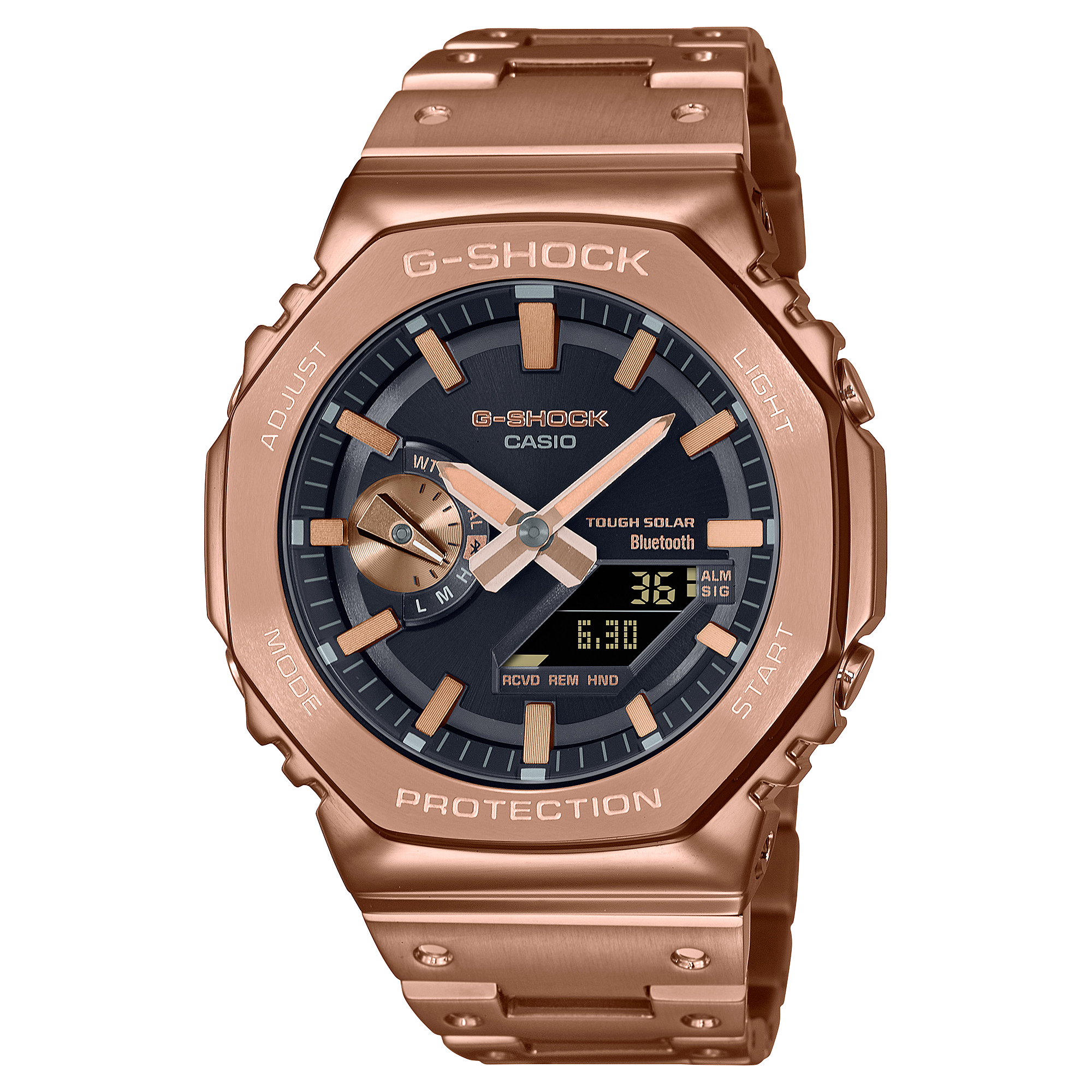 Il GM-B2100GD-5A in oro rosa con quadrante nero su sfondo bianco.
