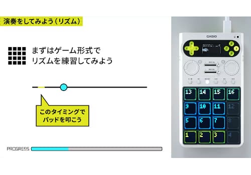 チュートリアル動画内「演奏をしてみよう（リズム）」の1シーン