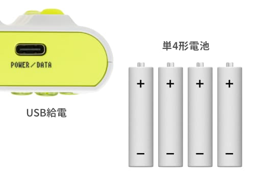 POWER / DATA 端子 （USB Type-C）の写真と単4形電池のイラスト