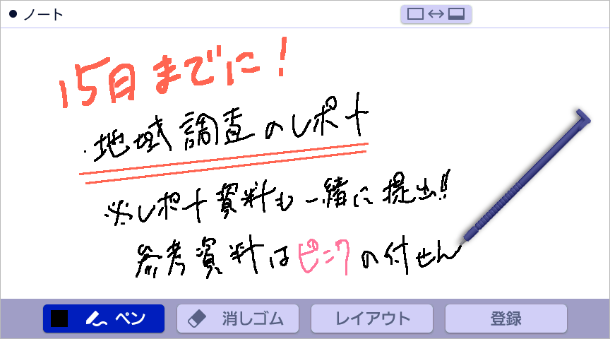 白紙のノート画面に、タッチペンを使って手書き文字などを書き込み