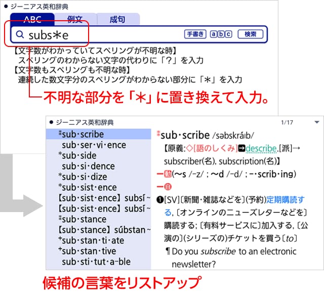不明な部分を「＊」に置き換えて入力。→候補の言葉をリストアップ