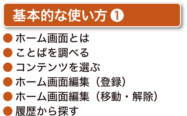 ［基本的な使い方①］●ホーム画面とは　●ことばを調べる　●コンテンツを選ぶ　●ホーム画面編集（登録）　●ホーム画面編集（移動・解除）　●履歴から探す