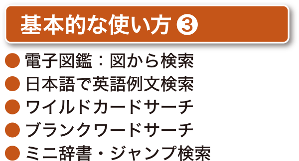 ［基本的な使い方③］●電子図鑑：図から検索　●日本語で英語例文検索　●ワイルドカードサーチ　●ブランクワードサーチ　●ミニ辞書・ジャンプ検索