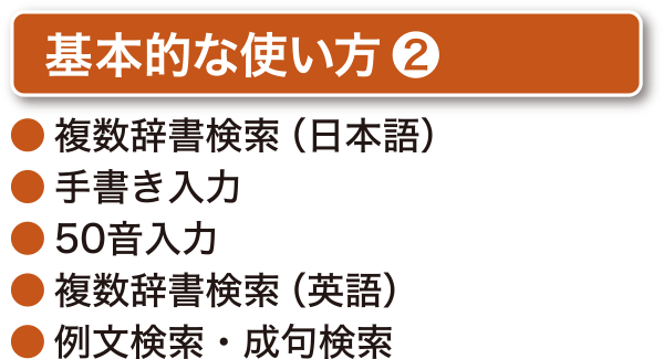 ［基本的な使い方②］●複数辞書検索（日本語）　●手書き入力　●50音入力　●複数辞書検索（英語）　●例文検索・成句検索