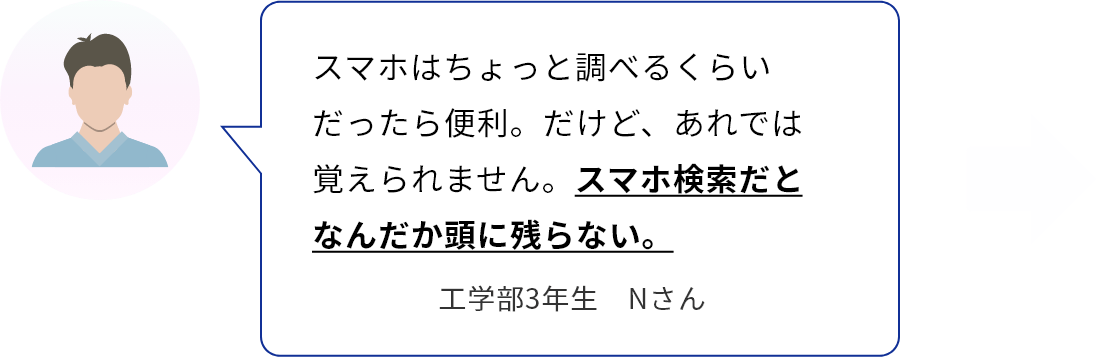 スマホはちょっと調べるくらいだったら便利。だけど、あれでは覚えられません。スマホ検索だとなんだか頭に残らない。　工学部3年生　Nさん