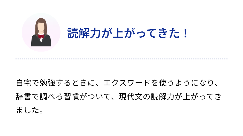 「読解力が上がってきた！」自宅で勉強するときに、エクスワードを使うようになり、辞書で調べる習慣がついて、現代文の読解力が上がってきました。