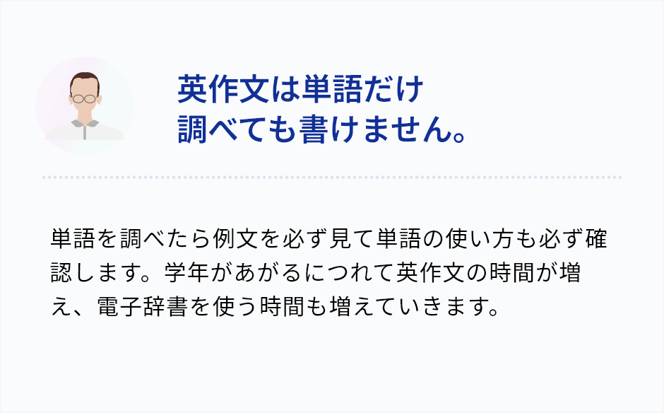 「英作文は単語だけ調べても書けません。」単語を調べたら例文を必ず見て単語の使い方も必ず確認します。学年があがるにつれて英作文の時間が増え、電子辞書を使う時間も増えていきます。