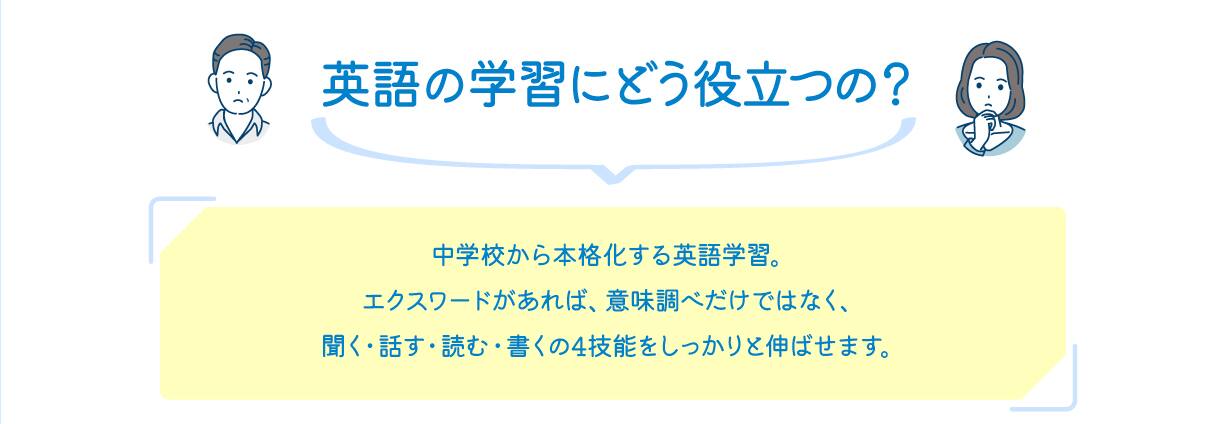 英語の学習にどう役立つの？　中学校から本格化する英語学習。エクスワードがあれば、意味調べだけではなく、聞く・話す・読む・書くの4技能をしっかりと伸ばせます。
