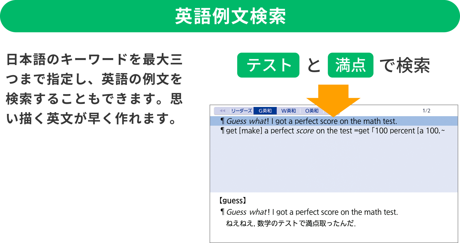 「英語例文検索」日本語のキーワードを最大三つまで指定し、英語の例文を検索することもできます。思い描く英文が早く作れます。