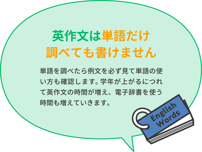 「英作文は単語だけ調べても書けません」単語を調べたら例文を必ず見て単語の使い方も確認します。学年が上がるにつれて英作文の時間が増え、電子辞書を使う時間も増えていきます。