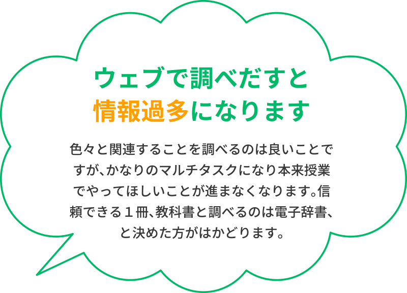 「ウェブで調べだすと情報過多になります」色々と関連することを調べるのは良いことですが、かなりのマルチタスクになり本来授業でやってほしいことが進まなくなります。信頼できる１冊、教科書と調べるのは電子辞書、と決めた方がはかどります。